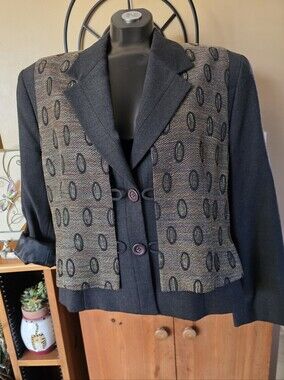 Vintage 90s Unique Womens Dark Gray Patterned Front Panel Vest Blazer Jacket